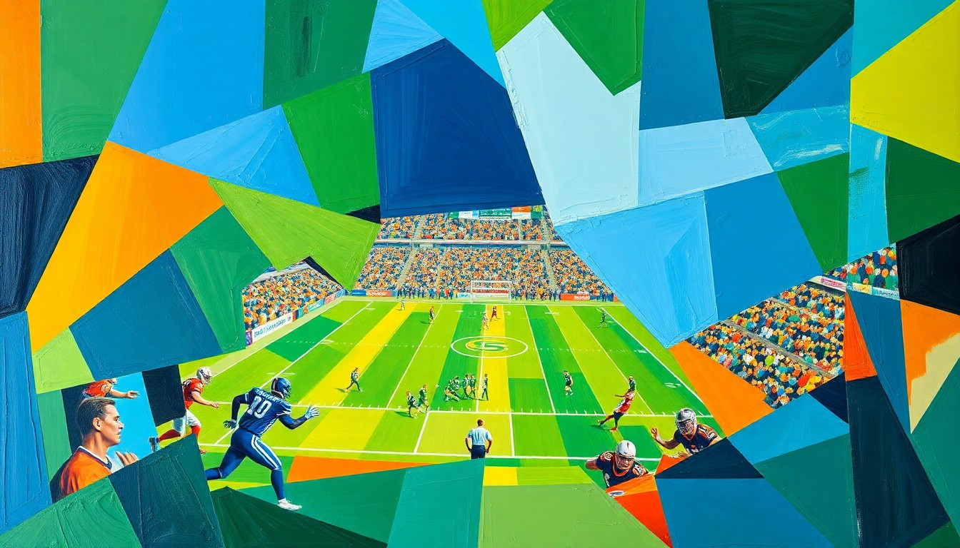A cubist, geometric painting depicting a fragmented football game, with sharp planes of blue, green, and orange representing the dynamic action on the field.