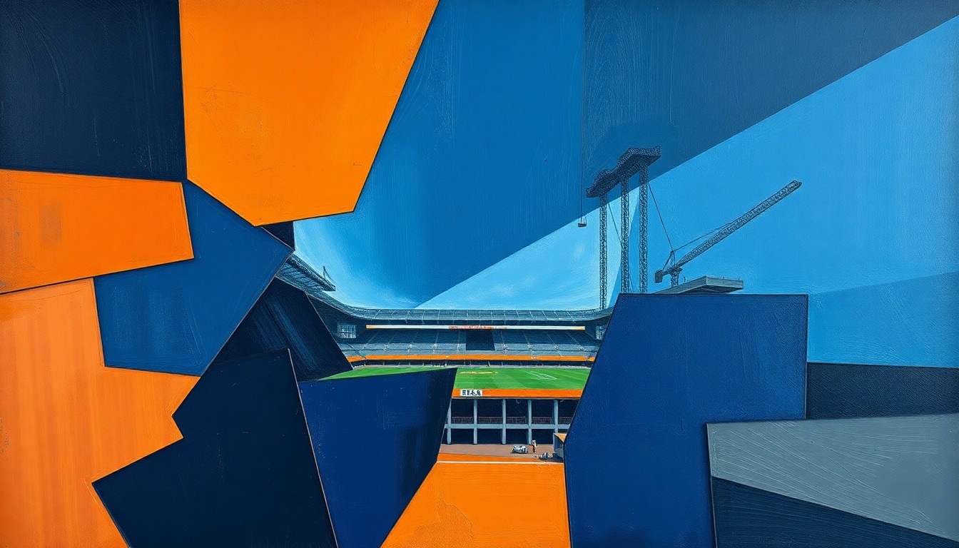A fractured, cubist-style painting depicting the construction site for a new football stadium, with sharp geometric shapes in navy, orange, and grey representing the various moving parts and stakeholders involved in the project.