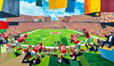 A cubist-style painting depicting a Kansas City Chiefs football game, with the players and field broken down into abstract geometric shapes and planes of color, capturing the raw energy and movement of the sport.