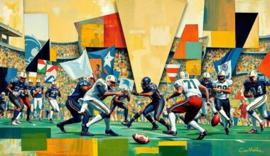 A cubist, geometric painting depicting fragmented football players and a field, conveying the conceptual idea of a team in transition and rebuilding.