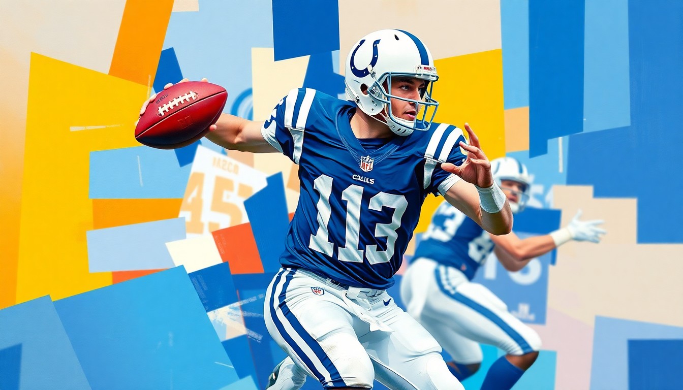 A cubist, geometric painting depicting a football quarterback in motion, with sharp, overlapping planes of blue and white colors representing the Colts