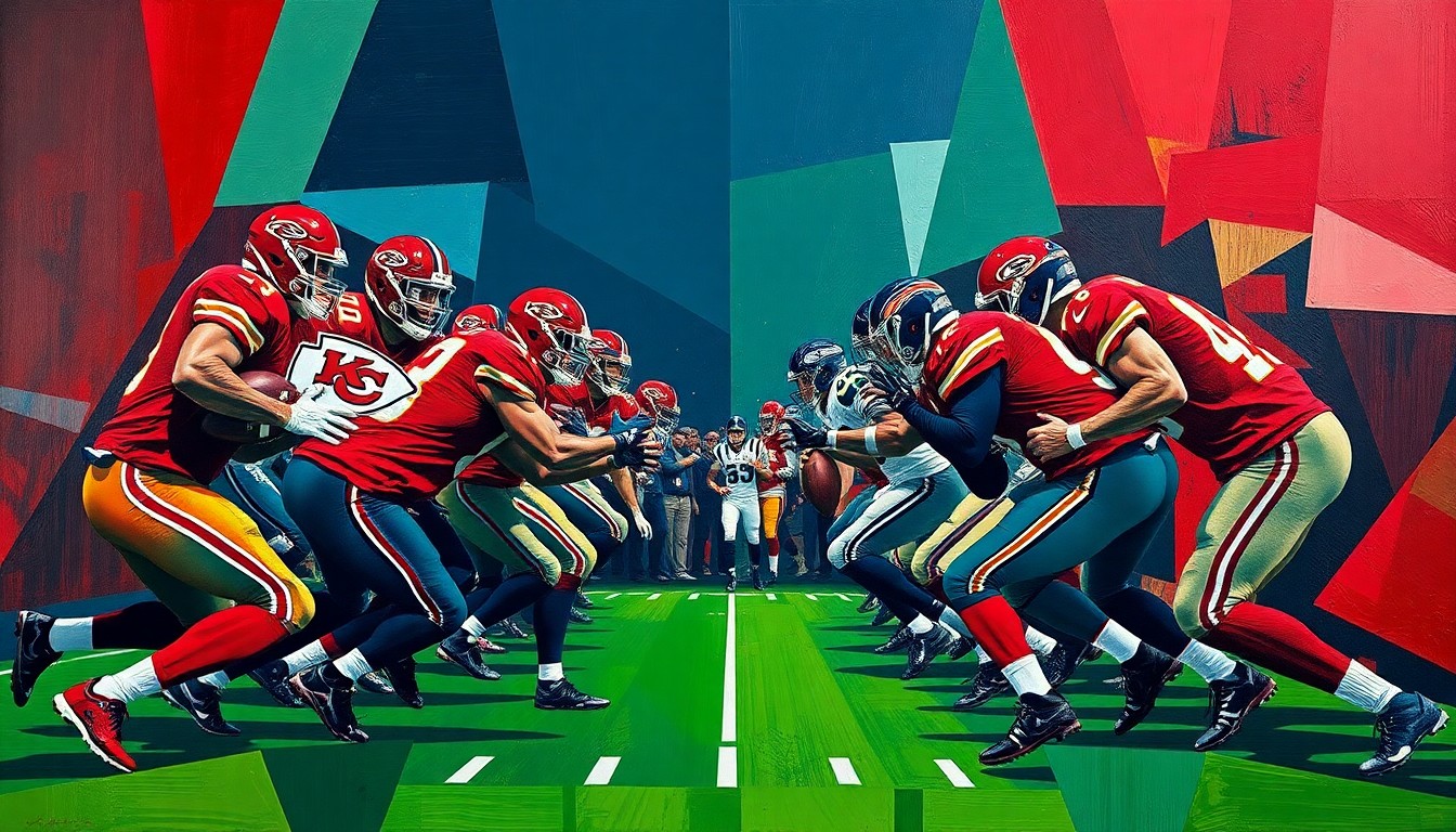 A fragmented, geometric painting depicting the silhouettes of football players in motion, rendered in a palette of deep red, navy blue, and forest green, conceptually representing the uncertainty surrounding a potential Chiefs-Seahawks matchup.