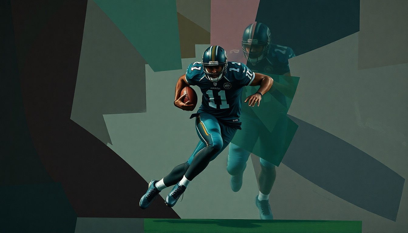 A fractured, cubist-style painting depicting a football player in motion, with sharp geometric shapes and planes in muted tones of navy, green, and burgundy, conveying the idea of a player needing to overcome challenges and find balance.