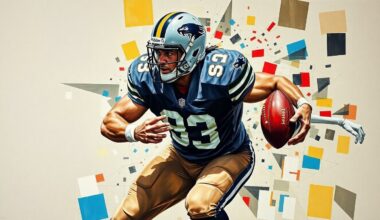A fragmented, geometric painting depicting the dynamic movements of a football linebacker, with sharp planes of color and form abstracting the player