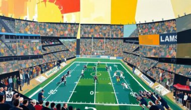 A fragmented, geometric painting depicting a football game or match, with players and the field broken down into sharp, overlapping planes of color and shape, conveying the strategic complexities of an NFL team building around its veteran quarterback.