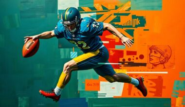A cubist-style painting depicting a football player in mid-motion, broken down into sharp, overlapping geometric shapes in a palette of dark blues, greens, and oranges, conveying the complexity and risk of trading away a superstar player.