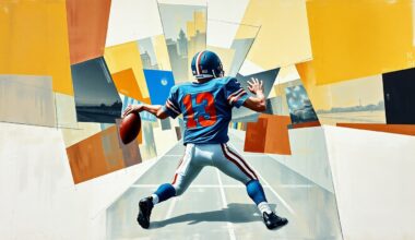 A cubist, geometric painting depicting a quarterback dropping back to pass, with the figure broken down into sharp, overlapping planes of color and form.