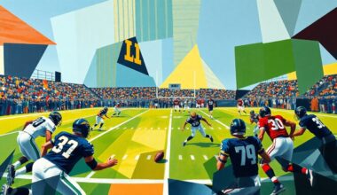 A cubist, geometric painting depicting a football game or play, with players and the field represented through bold, angular shapes and planes of color.