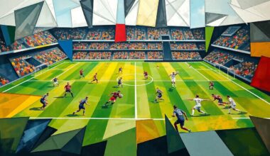 A cubist, geometric painting depicting the fragmented and overlapping movements of football players on a field, capturing the raw energy and intensity of the sport.