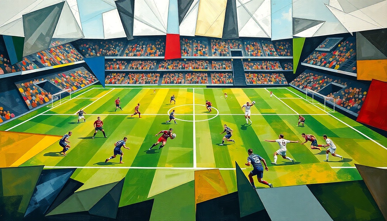 A cubist, geometric painting depicting the fragmented and overlapping movements of football players on a field, capturing the raw energy and intensity of the sport.
