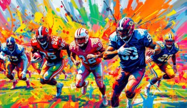 An abstract expressionist painting using vibrant neon brushstrokes to depict the dynamic motion and energy of an American football game, with players