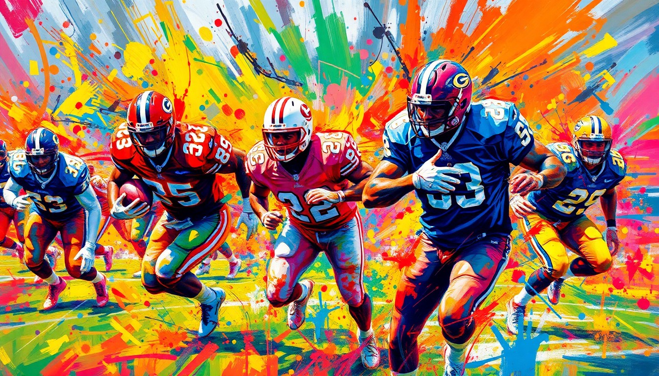 An abstract expressionist painting using vibrant neon brushstrokes to depict the dynamic motion and energy of an American football game, with players