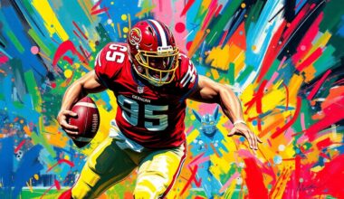 An abstract, energetic painting featuring bold, neon-colored brushstrokes that capture the explosive power and movement of a defensive lineman rushing the quarterback.