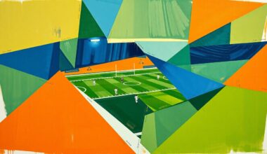 A fragmented, cubist-style painting depicting a football game or match, with sharp geometric shapes in navy, green, and orange overlapping to create a dynamic, abstract visual representation of the sport.