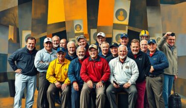 A cubist-style painting depicting a group of NFL coaches in an abstract, fragmented composition, with sharp planes of color and form representing the disjointed nature of the missed photo opportunity.