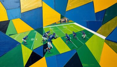A cubist-style painting featuring fragmented geometric shapes in navy, green, and gold, conceptually representing the strategic decisions facing the New Orleans Saints organization.