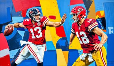 A fragmented, geometric painting depicting the overlapping movements and perspectives of two football players, conceptually representing the Chiefs