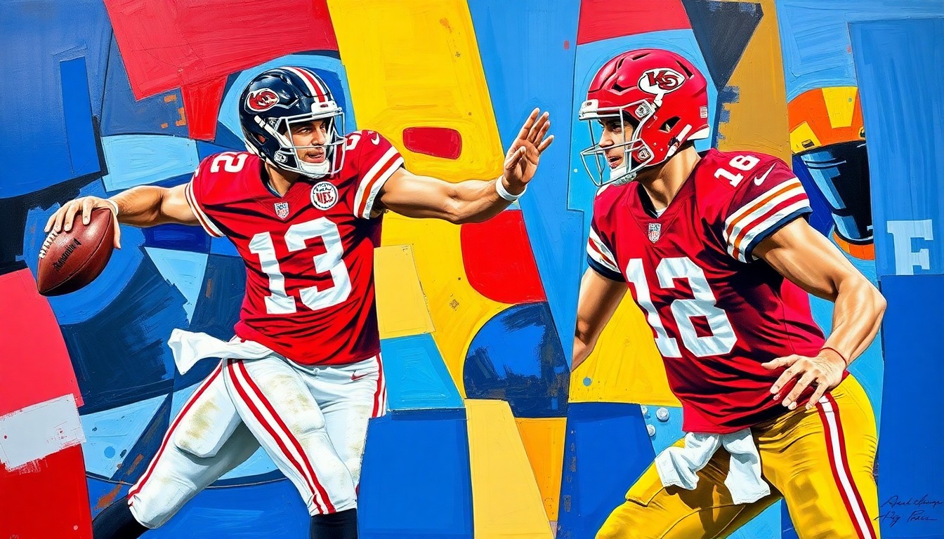 A fragmented, geometric painting depicting the overlapping movements and perspectives of two football players, conceptually representing the Chiefs