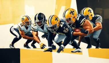 A cubist, geometric painting depicting the fragmented, multi-angled movements of an offensive line, using the colors of the New Orleans Saints to conceptually represent the team