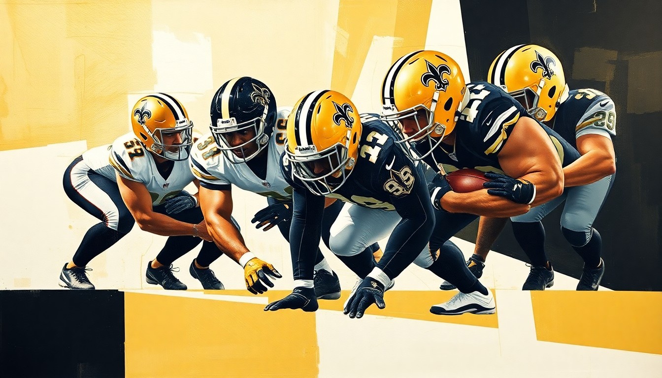 A cubist, geometric painting depicting the fragmented, multi-angled movements of an offensive line, using the colors of the New Orleans Saints to conceptually represent the team