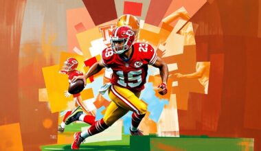 A cubist, geometric painting depicting a football player in motion, with sharp, overlapping planes of red and gold colors representing the Kansas City Chiefs
