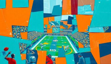 A fractured, multi-perspective painting in a cubist style, breaking down a football scene into sharp, overlapping geometric planes in the Dolphins