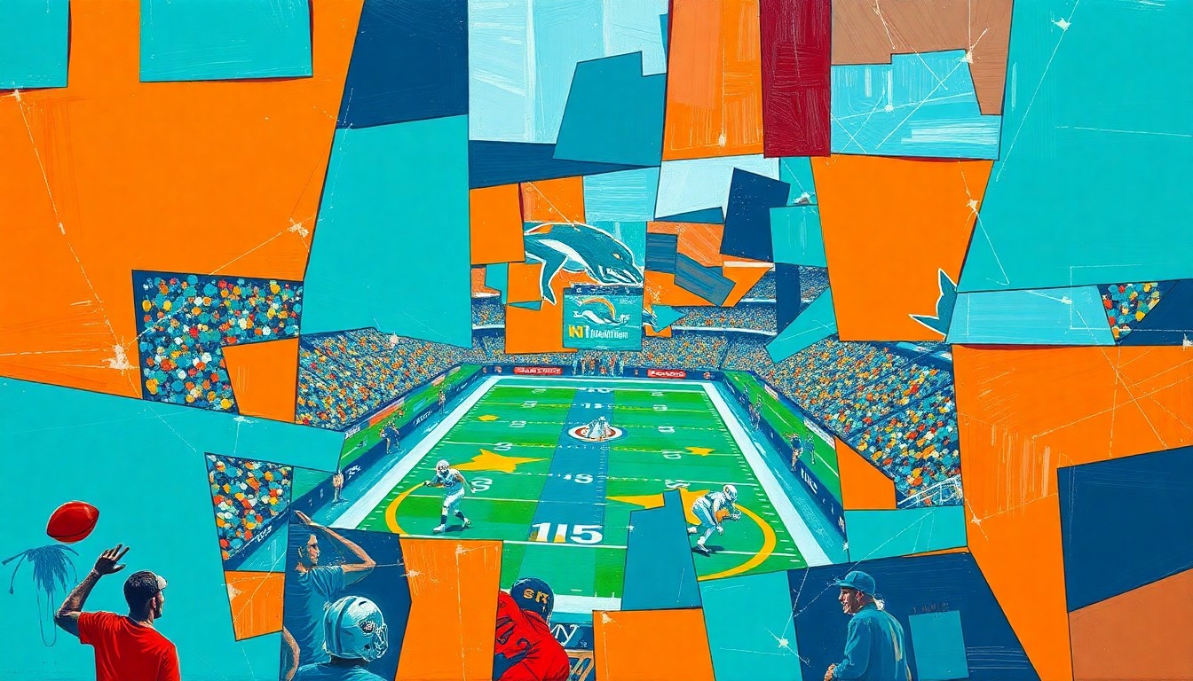 A fractured, multi-perspective painting in a cubist style, breaking down a football scene into sharp, overlapping geometric planes in the Dolphins