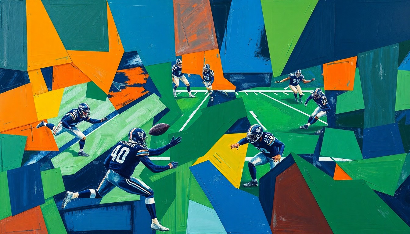 A fragmented, geometric painting in navy, green, and orange tones, depicting a football player