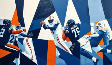 A fractured, multi-perspective painting depicting a football player in motion, their body and the ball broken down into sharp, overlapping geometric shapes in a color palette of navy blue, white, and burnt orange, conceptually representing the complex quarterback situation in Indianapolis.