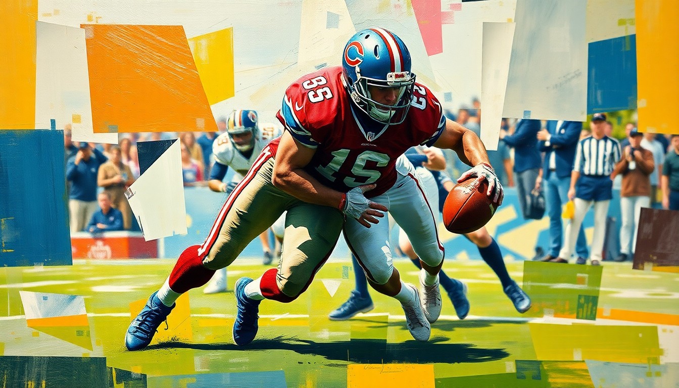 A fragmented, geometric painting depicting a football player in motion, their body broken down into sharp, overlapping planes of color and form.