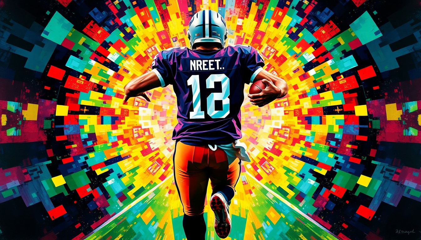 A cubist-style painting depicting a football player in motion, with their body broken down into sharp, overlapping geometric shapes in a vibrant color palette representing the Broncos