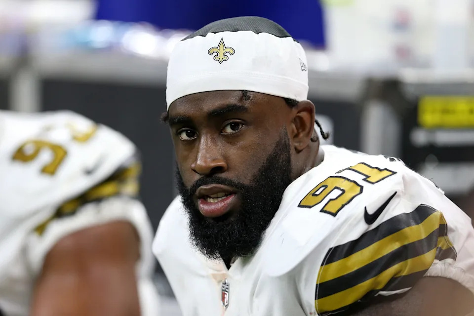 Nov 25, 2021; New Orleans, Louisiana, USA; New Orleans Saints defensive tackle Josiah Bronson Jr. (91) in the second quarter against the Buffalo Bills at the Caesars Superdome. Mandatory Credit: Chuck Cook-USA TODAY Sports