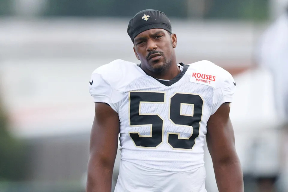 Jul 30, 2025; New Orleans, LA, USA; New Orleans Saints defensive end Jasheen Davis (59) during training camp at Ochsner Sports Performance Center. Mandatory Credit: Stephen Lew-Imagn Images