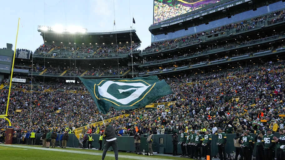 General view of a Green Bay Packers flag prior to the game against the Chicago Bears at Lambeau Field. 