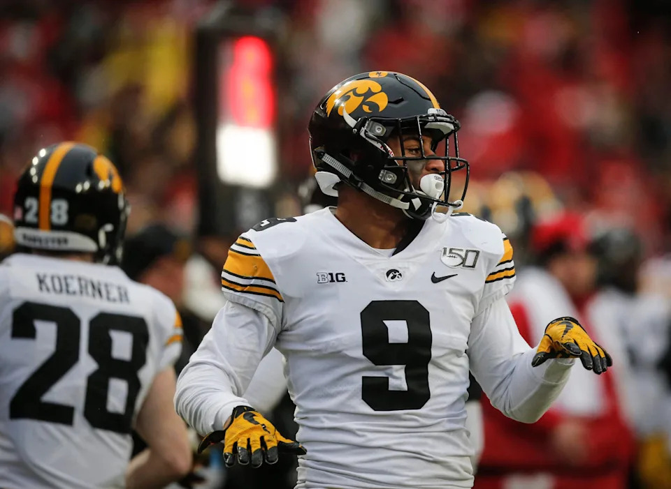 Iowa junior safety Geno Stone reacts after making a defensive play in the first quarter against Nebraska on Friday, Nov. 29, 2019, at Memorial Stadium in Lincoln, Neb.
20191129 Iowafbvsnebraska