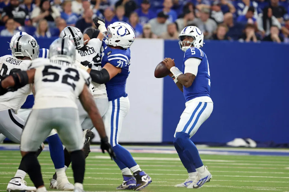 Oct 5, 2025; Indianapolis, Indiana, USA; Indianapolis Colts quarterback Anthony Richardson (5) looks to pass the ball against the Las Vegas Raiders during the second half at Lucas Oil Stadium. Mandatory Credit: Trevor Ruszkowski-Imagn Images