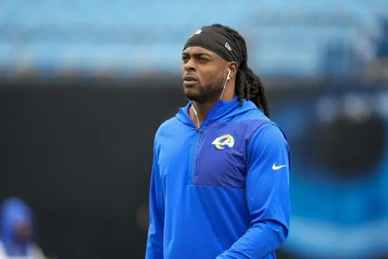 Los Angeles Rams wide receiver Davante Adams (17) during pregame warm ups before the NFC Wild Card Round game between the Carolina Panthers and the Los Angeles Rams at Bank of America Stadium on Jan 10, 2026.