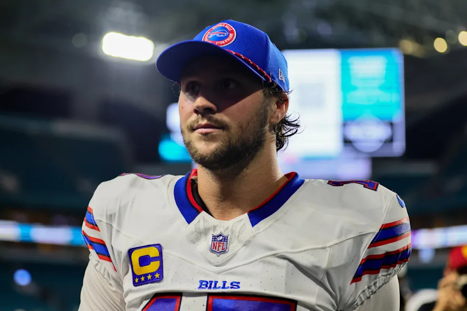 Buffalo Bills quarterback Josh Allen (17) looks on as he walks off the field after a game against the Miami Dolphins.Sam Navarro-Imagn Images