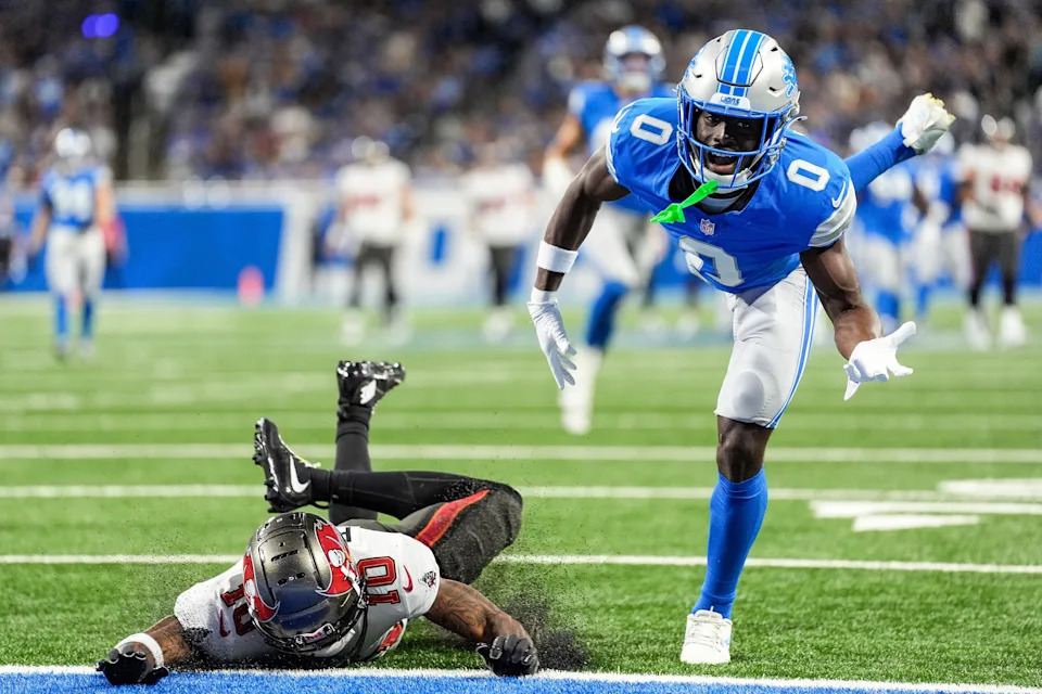 Detroit Lions cornerback Terrion Arnold (0) breaks a pass intended for Tampa Bay Buccaneers wide receiver Trey Palmer (10) during the first half at Ford Field in Detroit on Sunday, September 15, 2024. The play was called pass interference on Detroit Lions cornerback Terrion Arnold.