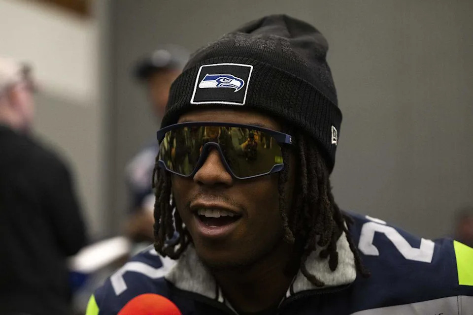 Seattle Seahawks wide receiver Rashid Shaheed (22) speaks to the media during Seahawks team availability , at San Jose Convention Center on Wednesday, Feb. 4, 2026, in San Jose, Calif.