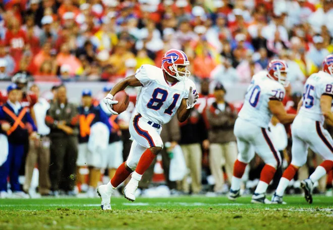 Nov 26, 2000; Tampa, FL, USA; FILE PHOTO; Buffalo Bills wide receiver Peerless Price (81) runs with the ball against the Tampa Bay Buccaneers at Raymond James Stadium during the 2000 season. Mandatory Credit: RVR Photos-USA TODAY Sports