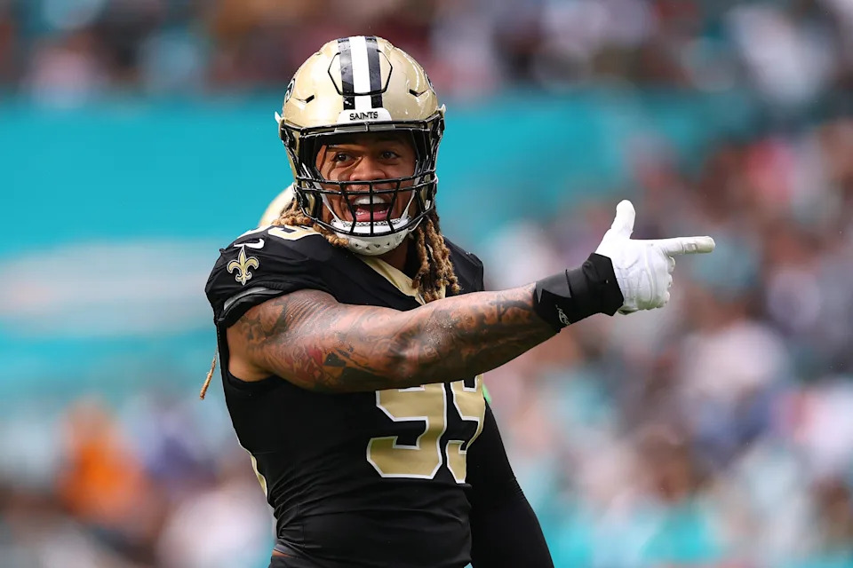 MIAMI GARDENS, FLORIDA - NOVEMBER 30: Chase Young #99 of the New Orleans Saints reacts during the fourth quarter against the Miami Dolphins at Hard Rock Stadium on November 30, 2025 in Miami Gardens, Florida. (Photo by Megan Briggs/Getty Images)