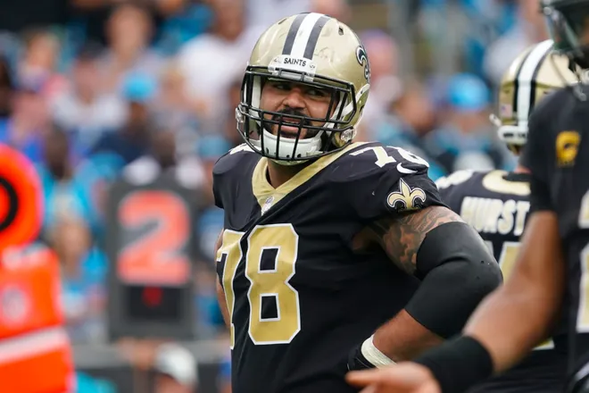 Sep 25, 2022; Charlotte, North Carolina, USA; New Orleans Saints center Erik McCoy (78) looks on against the Carolina Panthers during the second half at Bank of America Stadium. Mandatory Credit: James Guillory-USA TODAY Sports