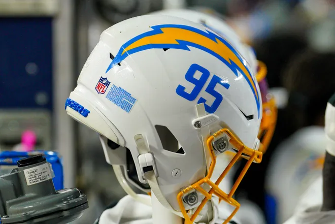 A general view of a Los Angeles Chargers helmet.