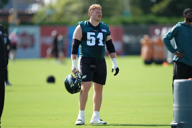 Jul 24, 2025; Philadelphia, PA, USA; Philadelphia Eagles center Cam Jurgens (51) looks on during training camp at NovaCare Complex. Mandatory Credit: Kyle Ross-Imagn Images