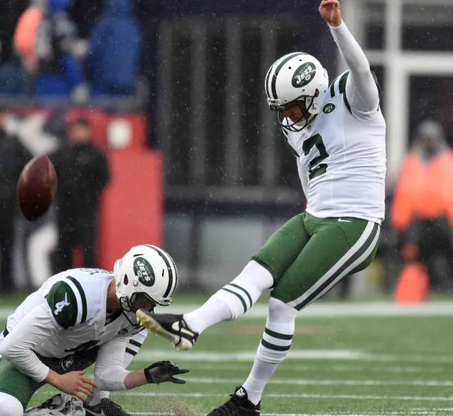 Dec 24, 2016; Foxborough, MA, USA; New York Jets kicker Nick Folk (2) warmups prior to the game against the New England Patriots at Gillette Stadium. Mandatory Credit: Bob DeChiara-USA TODAY Sports