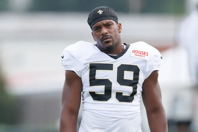 Jul 30, 2025; New Orleans, LA, USA; New Orleans Saints defensive end Jasheen Davis (59) during training camp at Ochsner Sports Performance Center. Mandatory Credit: Stephen Lew-Imagn Images