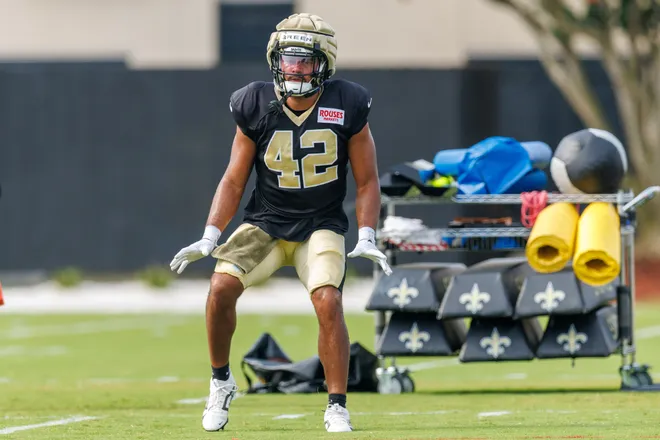 Jul 30, 2025; New Orleans, LA, USA; New Orleans Saints tight end Seth Green works on drills during training camp at Ochsner Sports Performance Center. Mandatory Credit: Stephen Lew-Imagn Images