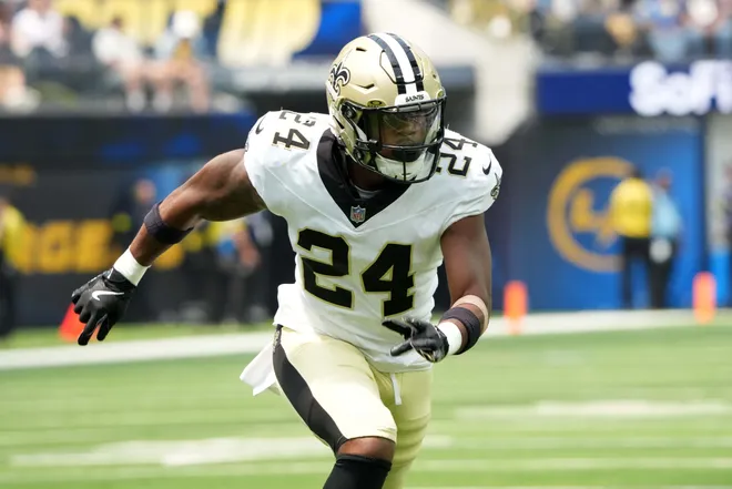 Aug 10, 2025; Inglewood, California, USA; New Orleans Saints safety Terrell Burgess (24) makes a play against the Los Angeles Chargers in the first half at SoFi Stadium. Mandatory Credit: Kirby Lee-Imagn Images