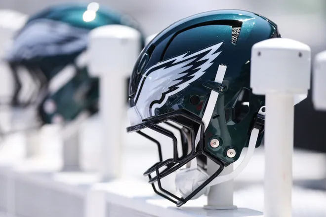 Aug 16, 2025; Philadelphia, Pennsylvania, USA; Philadelphia Eagles helmet on the bench during a game against the Cleveland Browns at Lincoln Financial Field.